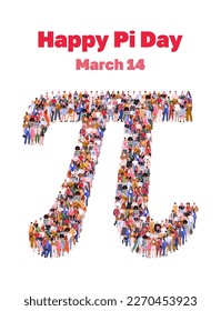 Happy Pi Day. Large group of people in number Pi form. Numbers made of people. A crowd of male and female characters. Flat vector illustration isolated on white background.