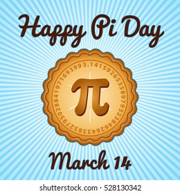 Happy Pi Day, March 14, to celebrate the mathematical constant Pi, 3.14, and to eat lots of fresh baked sweet pie, international holiday, blue rays background. 