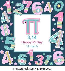 Happy pi day. Mathematical constant. March 14th (3/14). Ratio of a circle’s circumference to its diameter. Constant number Pi. Vector illustration