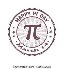 Happy Pi day rubber stamp isolated on white background. The design of the old worn round stamp for celebration. 14 march world mathematical holiday event label, greeting card, graphic element. EPS 10