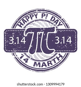 Happy Pi day rubber stamp isolated on white background. 14 march world mathematical holiday event label, greeting card decoration graphic element. The design of the old worn round stamp for holiday.