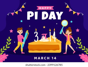 Happy Pi Day Vector Illustration on 14 March with Kids, Mathematical Constants, Greek Letters or Baked Sweet Pie in Holiday Flat Cartoon Background