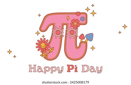 Happy Pi Day. Vector illustration. Happy Pi Day! Celebrate Pi Day. Mathematical constant. March 14th. 3.14. Ratio of a circles circumference to its diameter. Constant number Pi. Hippi style card