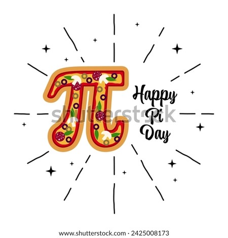 Happy Pi Day. Vector illustration. Happy Pi Day! Celebrate Pi 3,14 Day. Mathematical constant. March 14th . Ratio of a circle’s circumference to its diameter. Constant number Pi. Pizza