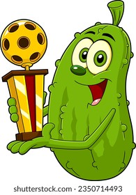 Happy Pickle Cartoon Character Holding A Pickleball Trophy. Vector Hand Drawn Illustration Isolated On Transparent Background