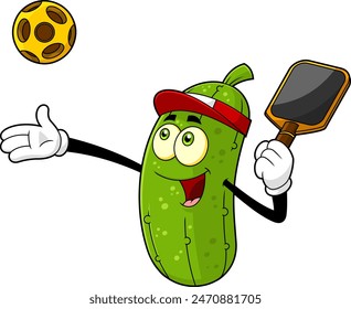 Happy Pickle Cartoon Character Playing Pickleball. Vector Hand Drawn Illustration Isolated On Transparent Background