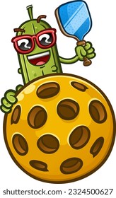 A happy pickle cartoon wearing stylish sunglasses holding a paddle and peeking over from behind a giant pickleball and waving happily with a big smile on his face to show his love of the sport