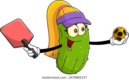 Happy Pickle Girl Cartoon Character Playing Pickleball. Vector Hand Drawn Illustration Isolated On Transparent Background