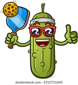 A happy pickleball cartoon mascot with a racket and ball wearing sunglasses and giving a thumbs up vector illustration