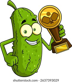 Happy Pickleball Champion Pickle Mascot Character Holding Trophy And Smiling – Vector Hand Drawn Illustration Isolated On Transparent Background
