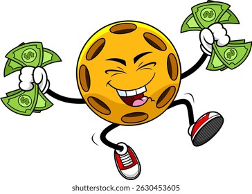 Happy Pickleball Character Holding Money - Vector Hand Drawn Illustration Isolated On Transparent Background