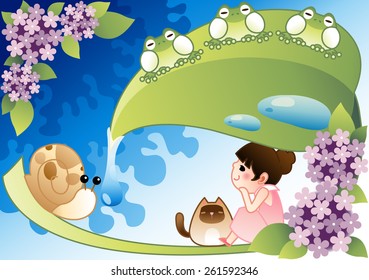 Happy Picnic - blooming lilac flowers and a lovely girl enjoying and sitting on a big green leaf with cute little animals on bright blue background with beautiful landscape : vector illustration