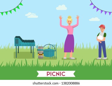 Happy Picnic with Cooking on Folding BBQ Grill Promotion Banner Vector Smiling Mother and Son Outdoors Using Barbeque Equipment Tourist Tableware Skewers Travel Mug Flat Text Illustration