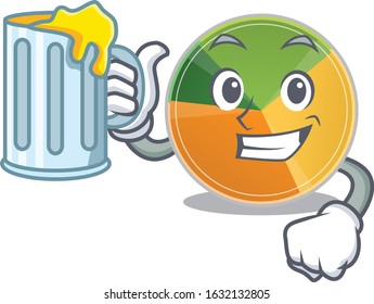 Happy pie chart mascot design with a big glass