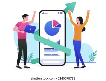 Happy with pie chart result - Business people, man and woman cheerful while analysing business results on smartphone. Flat design vector illustration with white background