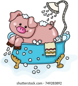 Happy pig in bathtub with shower