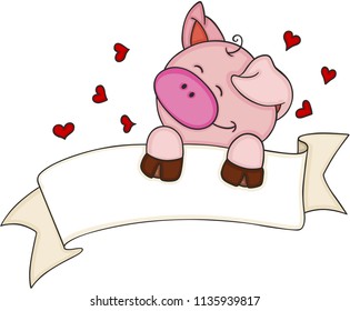 Happy pig with blank banner and hearts
