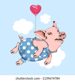 Happy pig in a blue polka dot denim flies with a pink heart balloon on a sky background. Comic card, poster, t-shirt composition, hand drawn style print. Vector illustration.