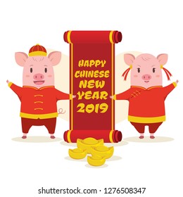 Happy Pig boy and girl in traditional clothes celebrate Chinese New Year of Pig 2019 isolated on white background. Cartoon Vector Illustration