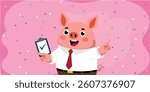 happy pig businessman pointing and holding a clipboard with a checkmark