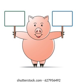 happy pig cartoon character holding two blank boards in color-vector drawing