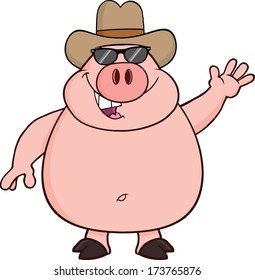 Happy Pig Cartoon Character With Sunglasses And Cowboy Hat Waving. Vector Illustration Isolated on white