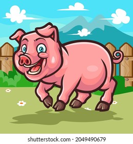 Happy pig cartoon isolated on garden and mountains background. Vector illustration