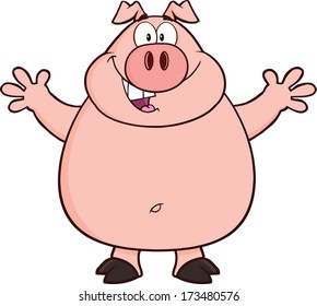 Happy Pig Cartoon Mascot Character Open Arms For Hugging. Vector Illustration Isolated on white