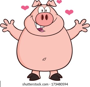 Happy Pig Cartoon Mascot Character Open Arms And Hearts. Vector Illustration Isolated on white