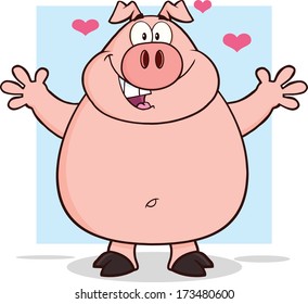 Happy Pig Cartoon Mascot Character Open Arms. Vector Illustration Isolated on white