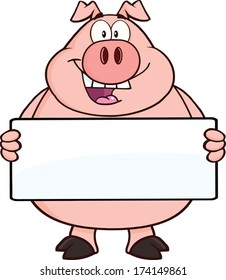 Happy Pig Cartoon Mascot Character Holding A Banner. Vector Illustration Isolated on white