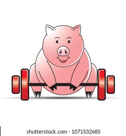 happy pig cartoon or mascot lifting barbells vector drawing