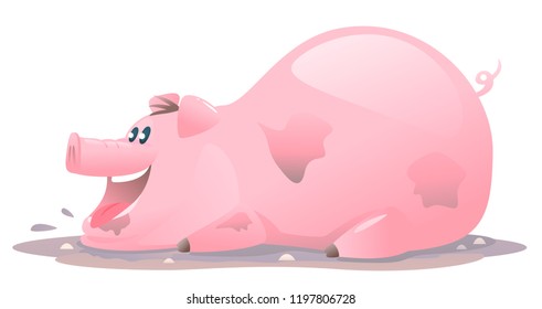 Happy Pig Cartoon in Mud
