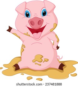 Happy pig cartoon playing in mud
