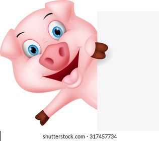 Happy pig cartoon with sign