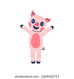 Happy pig character. Funny piglet vector illustration in retro cartoon style. Childish animal print, mascot. Pig stands on two legs.