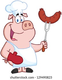 Happy Pig Chef Cartoon Mascot Character With Sausage On Fork