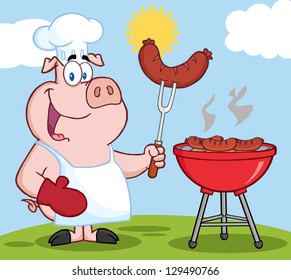 Happy Pig Chef Cook At Barbecue On A Hill