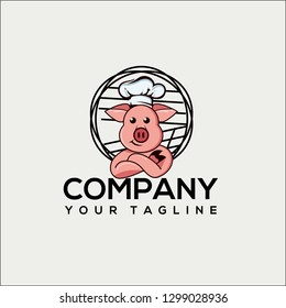 Happy Pig Chef Head Cartoon Vector Illustration, CHEF PIG OR HOG CARTOON  VECTOR LOGO TEMPLATE - Vector 