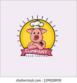 Happy Pig Chef Head Cartoon Vector Illustration, CHEF PIG OR HOG CARTOON  VECTOR LOGO TEMPLATE - Vector 