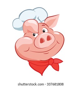 Happy Pig Chef Head Cartoon Vector Illustration. Logo on a white background.