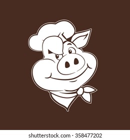 Happy Pig Chef Head Cartoon Vector Illustration. Pig Chef Hat Vector Logo.