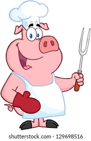 Happy Pig Chef Holding A Fork