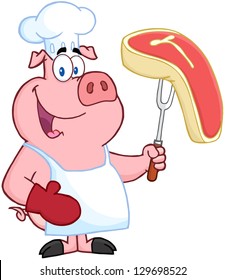 Happy Pig Chef Holding A Fork With Raw Steak