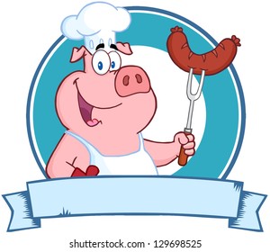 Happy Pig Chef Holding A Sausage On Fork Over A Blank Banner