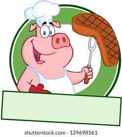 Happy Pig Chef Holding A Steak On Fork Over A Blank Banner