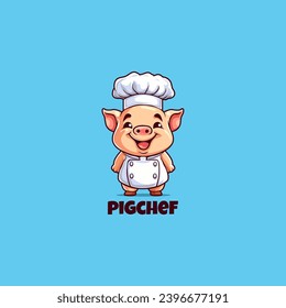 Ilustración del icono del vector de la plantilla de diseño del logotipo de mascota de Happy Pig Chef. Símbolo de chef de cerdo