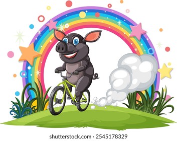 Happy pig cycling beneath a colorful rainbow