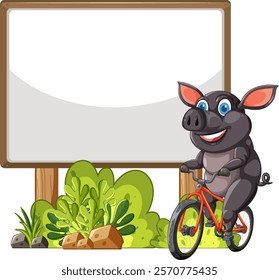 Happy pig cycling beside a blank signboard