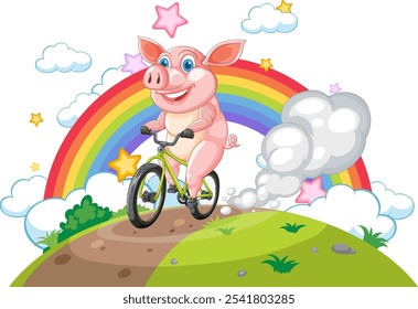 Happy pig cycling with rainbow and stars